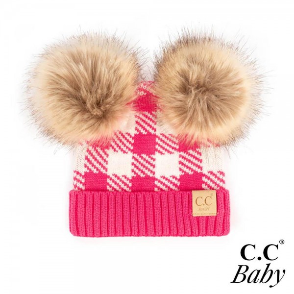 Wholesale c C BABY POMPOM Plaid Knit Baby Beanie Faux Fur Double Poms Rayon PBT