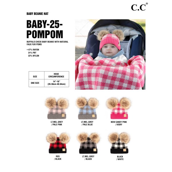 C.C BABY-25POMPOM
Plaid Knit Baby Beanie With Faux Fur Double Poms
- 47% Rayon / 31% PBT / 22% Nylon
- One Size