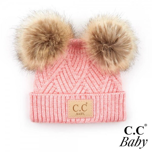 C.C BABY-2060-POMPOM
Knit Baby Beanie with Faux Fur Double Poms

- 47% Rayon / 31% PBT / 22% Nylon
-  One Size