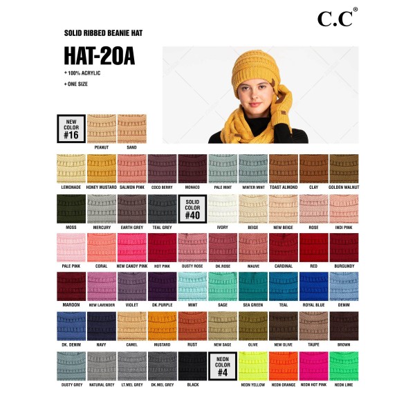 C.C Hat-20A 
Solid Ribbed Beanie "The Original" Beanie.
- One Size
- 100% Acrylic
- Matches C.C YJ-847, HW-21, MB-20A, and G-20