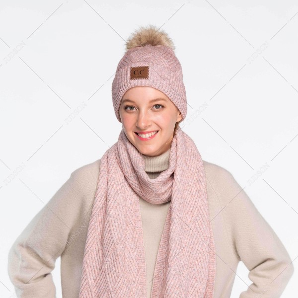 C.C HAT-2060 Diagonal Stripe Knit Pattern Pom Beanie with C.C Brand Leather Patch. - One size fits most - 47% Rayon / 31% PBT / 22% Nylon - POM: 100% Faux Fur view 5