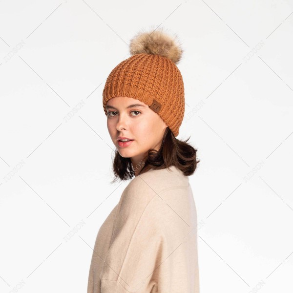 C.C HAT-2071 Waffle Stitch Pattern Beanie with Faux Fur Pom - One Size Fits Most - 100% Acrylic view 5