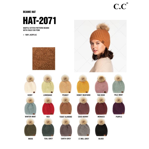 C.C HAT-2071
Waffle Stitch Pattern Beanie with Faux Fur Pom
- One Size Fits Most
- 100% Acrylic