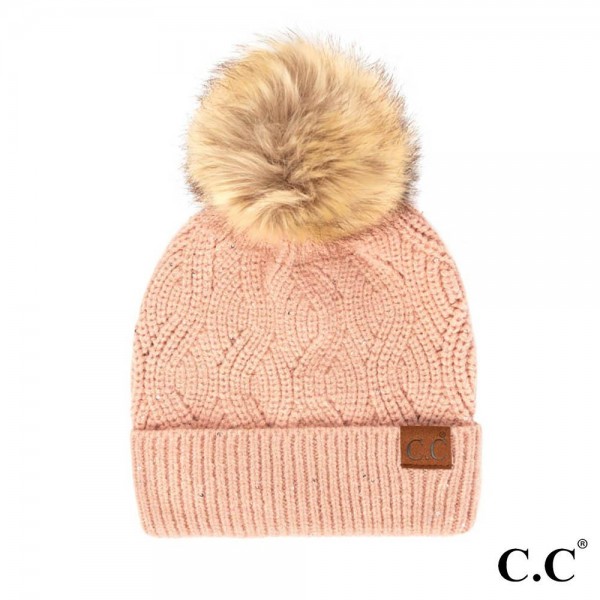 Wholesale c C HAT Knit Beanie Faux Fur Pom Sequin Accent Polyester Acrylic Nylon