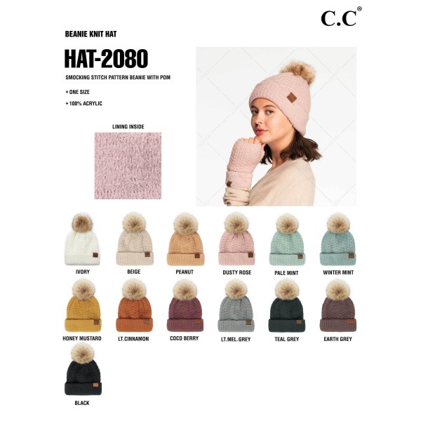 C.C HAT-2080
Smocking Stitch Pattern Beanie with Faux Fur Pom
- One Size Fits Most
- 100% Acrylic
