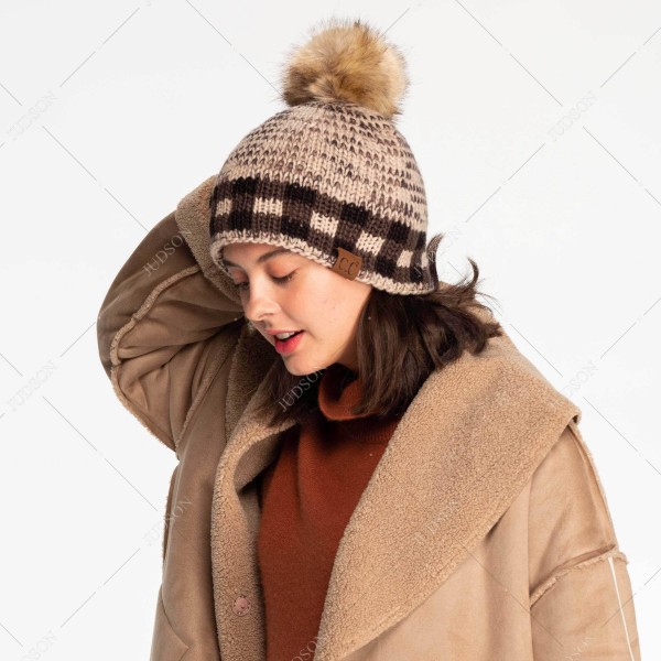 C.C HAT-2083 Fuzzy Lined Knit with Checker Print Faux Fur Pom Beanie. - 100% Acrylic - One Size Fits Most view 5