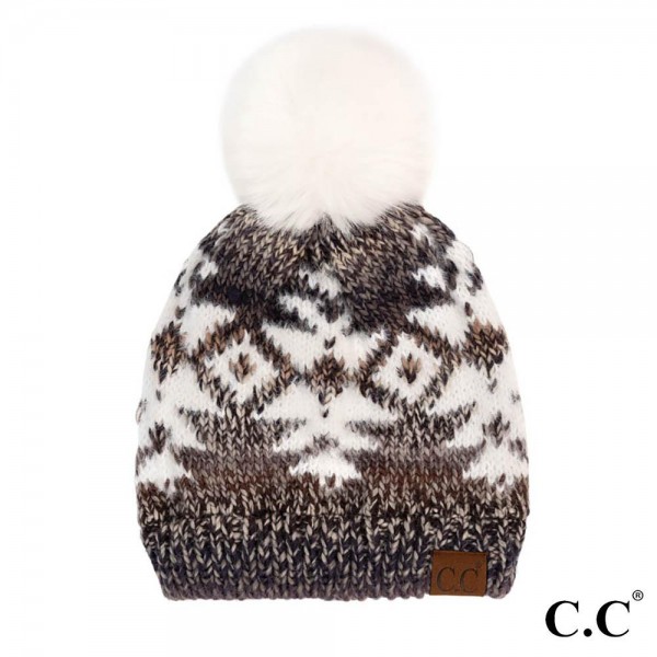 HAT-2093 Multi Yarn Aztec Beanie Hat With Ivory Faux Fur 80