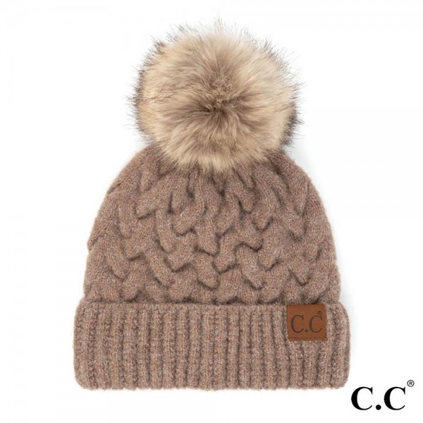 C.C HAT-7384
Chunky Braid Cable Pattern Beanie Featuring Natural Faux Fur Pom. 

- One Size Fits Most
- 56% Acrylic, 40% Nylon, 4% Spandex