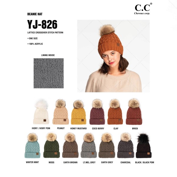 C.C YJ-826
Lattice Crossover Stitch Pattern Knit Pom Beanie
- One Size Fits Most
- 100% Acrylic
- Lined