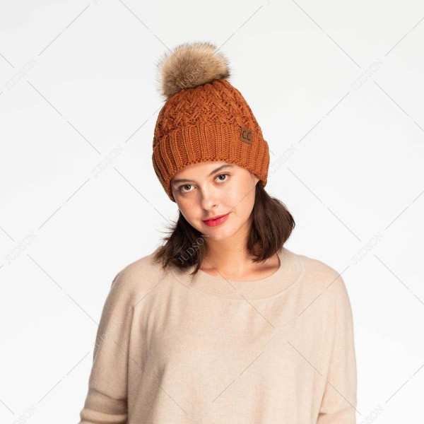 C.C YJ-826 Lattice Crossover Stitch Pattern Knit Pom Beanie - One Size Fits Most - 100% Acrylic - Lined view 5