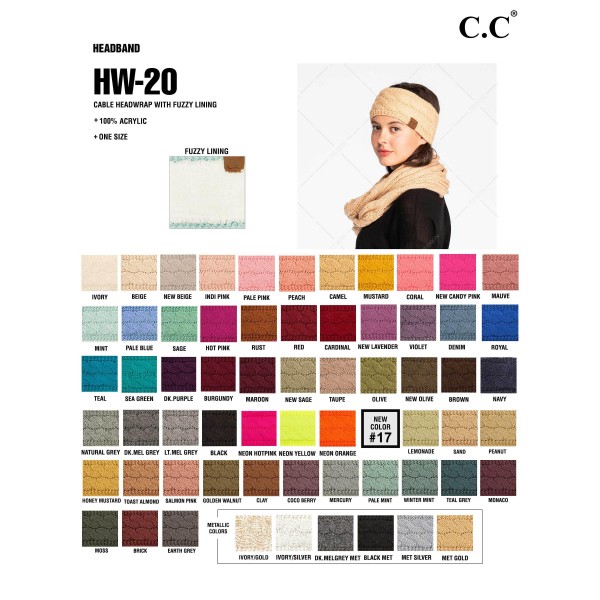 C.C HW-20
Solid Cable Knit Headwrap.
- 100% Acrylic
- One size fits most