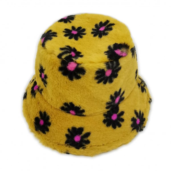 Wholesale faux Fur Floral Print Bucket Hat One Fits Most Adjustable Drawstring P