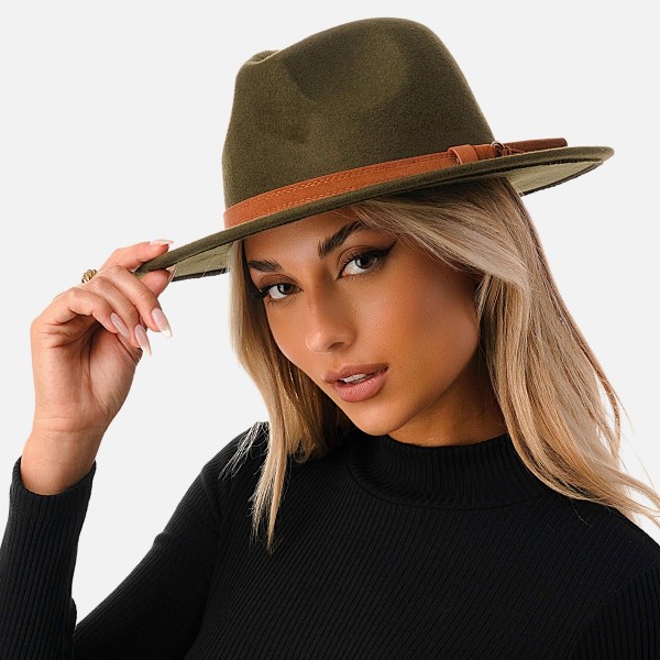 Wool Felt Wide Brim Hat Featuring Leather Band

- Adjustable Drawstring
- Hat Brim Approximately 2.75" W
- 10% Wool / 90% Polyester