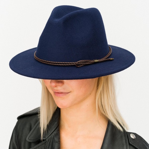 Wholesale felt Brim Hat Braided Leather Band Metal Accents One Fits Most Adjusta