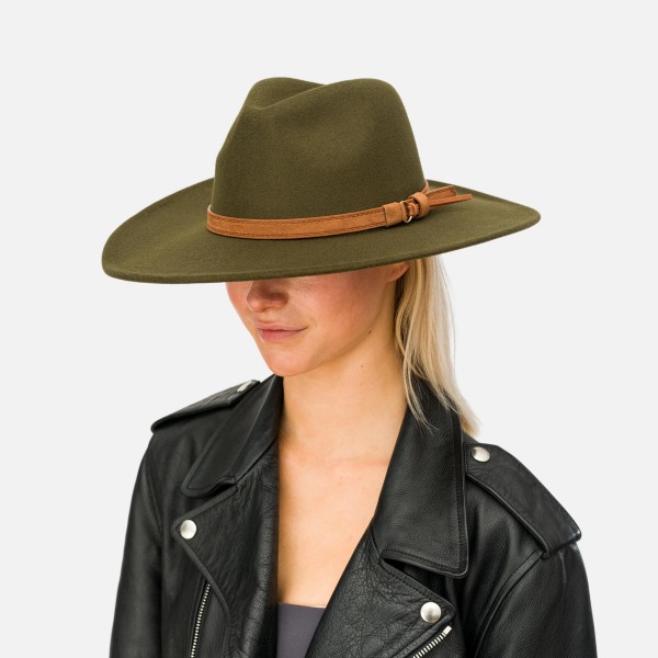 Wholesale felt Brim Hat Leather Buckle Band Adjustable Drawstring Hat Brim W Pol