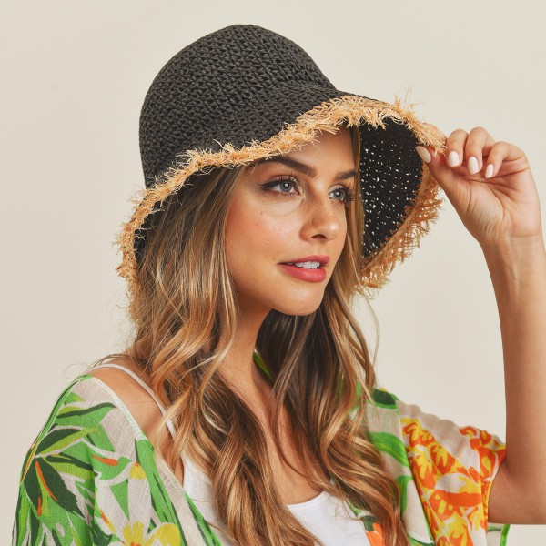 Wholesale straw Bucket Hat Frayed Edges One Fits Most Adjustable Drawstring Pape