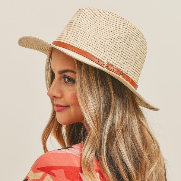 Wholesale straw Panama Hat Faux Leather Band One Fits Most Adjustable Drawstring