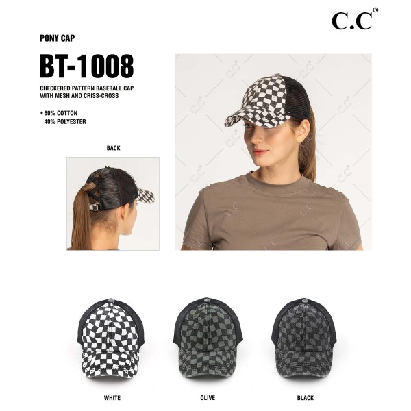 C.C Pony Cap BT-1008 Checkered Criss Cross Pony Cap with Mesh Back - One size fits most - Elastic criss cross ponytail opening - Adjustable Velcro Closure - 60% Cotton / 40% Polyester view 5