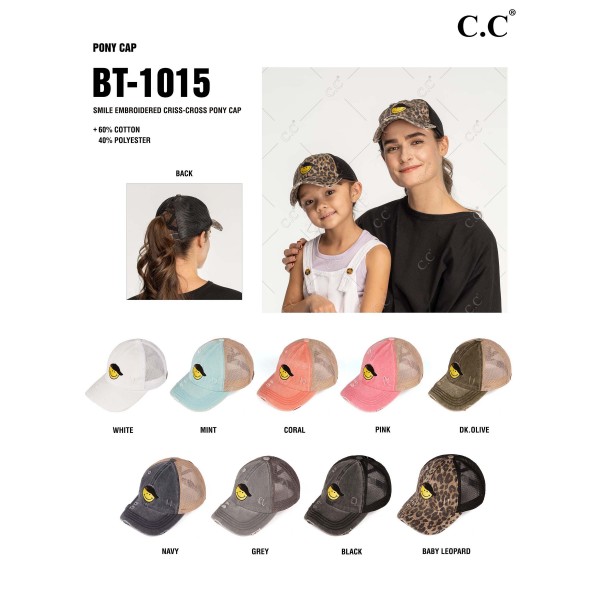 BT-1015 Smile Embroidered Criss-Cross Pony Cap - One Size Fits Most - Elastic Criss-Cross Ponytail Opening - Adjustable Velcro Closure - 60% Cotton / 40% Polyester view 3