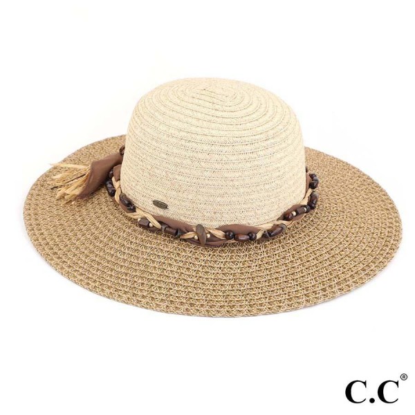Wholesale c C ST Brim Hat Two Brim Straw Sun Hat Fancy Braids Chiffon Wood Beade
