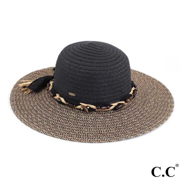 Wholesale c C ST Brim Hat Two Brim Straw Sun Hat Fancy Braids Chiffon Wood Beade