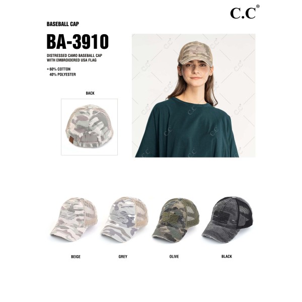 C.C BA-3910 Distressed Camo Baseball Cap With Embroidered USA Flag - One Size Fits Most - 40% Polyester / 60% Cotton view 3