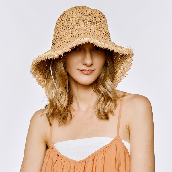 Straw Bucket Hat With Frayed Edges One Size Fits Most