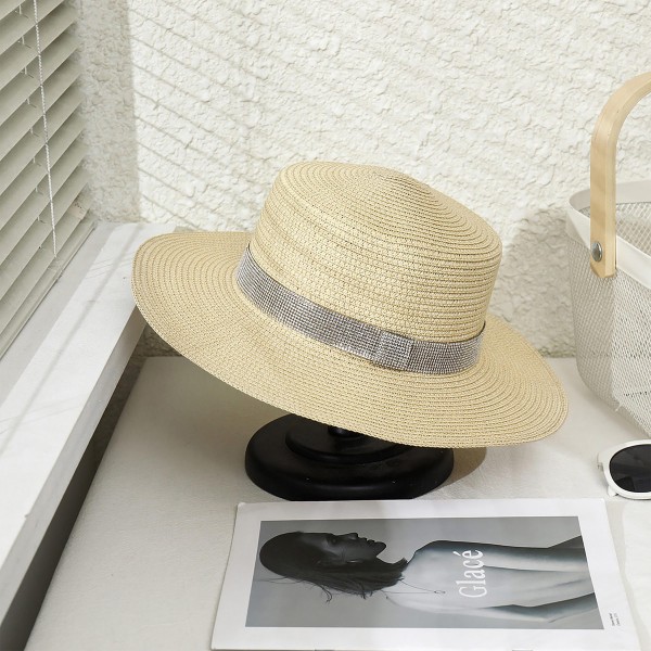 ???BEIGE Rhinestone Band Straw Panama Hat 7ea3af44648270f458c8ccf3f24555  main image 3