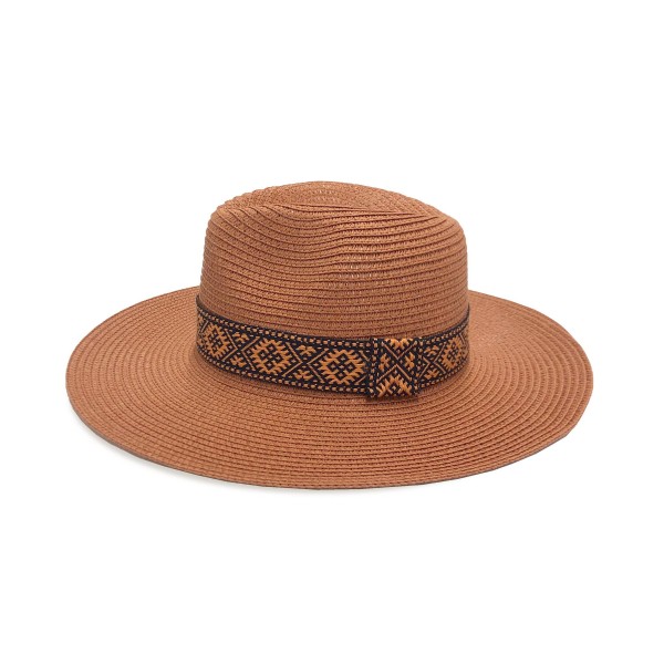Straw Panama Hat With Aztec Trim - One Size Fits Most - Adjustable Drawstring Inside Hat - 100% Paper Straw - Hat Brim Approximately 3.25" W view 5
