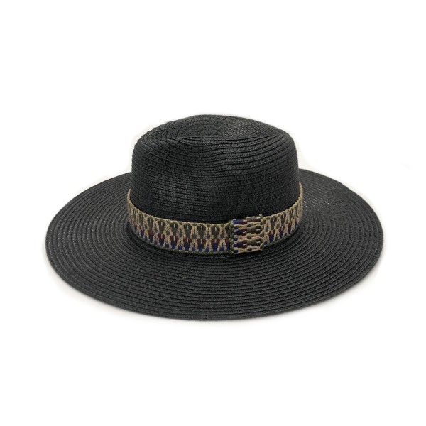 Straw Panama Hat With Aztec Trim

- One Size Fits Most
- Adjustable Drawstring Inside Hat
- 100% Paper Straw
- Hat Brim Approximately 3.5" W