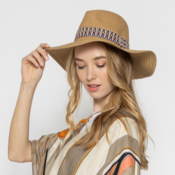 Wholesale straw Panama Hat Aztec Trim One Fits Most Adjustable Drawstring Inside