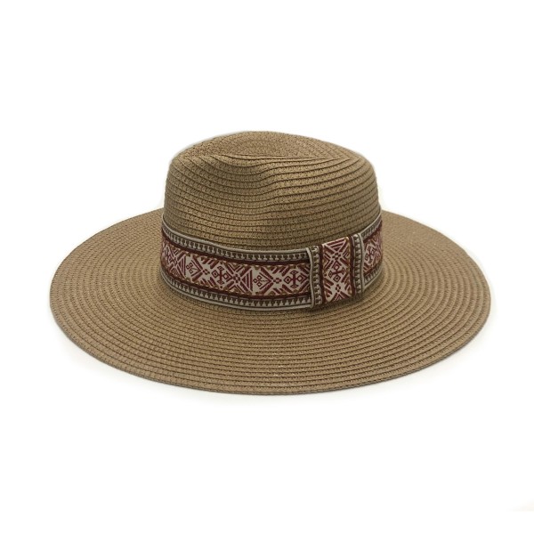 Straw Panama Hat With Tribal Pattern Band - One Size Fits Most - Adjustable Drawstring - Hat Brim Approximately 3.5" W - 100% Paper Straw view 5