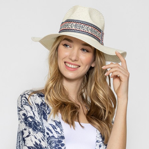 Straw Panama Hat With Tribal Pattern Band

- One Size Fits Most
- Adjustable Drawstring
- Hat Brim Approximately 3.5" W
- 100% Paper Straw