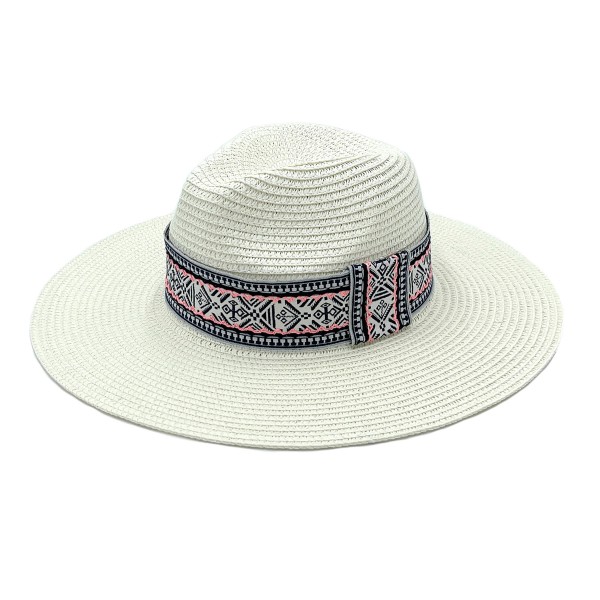 Straw Panama Hat With Tribal Pattern Band - One Size Fits Most - Adjustable Drawstring - Hat Brim Approximately 3.5" W - 100% Paper Straw view 5