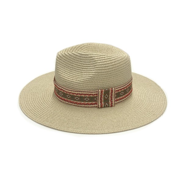 Straw Panama Hat Featuring Aztec Trim - One Size Fits Most - Adjustable Drawstring Inside Hat - 100% Paper Straw - Hat Brim Approximately 3.5" W view 5