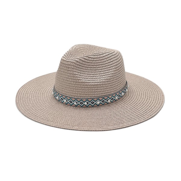 Straw Panama Hat With Aztec Band And Pearl Accents - One Size Fits Most - Adjustable Drawstring - Hat Brim Approximately 3.5" W - 100% Paper Straw view 5