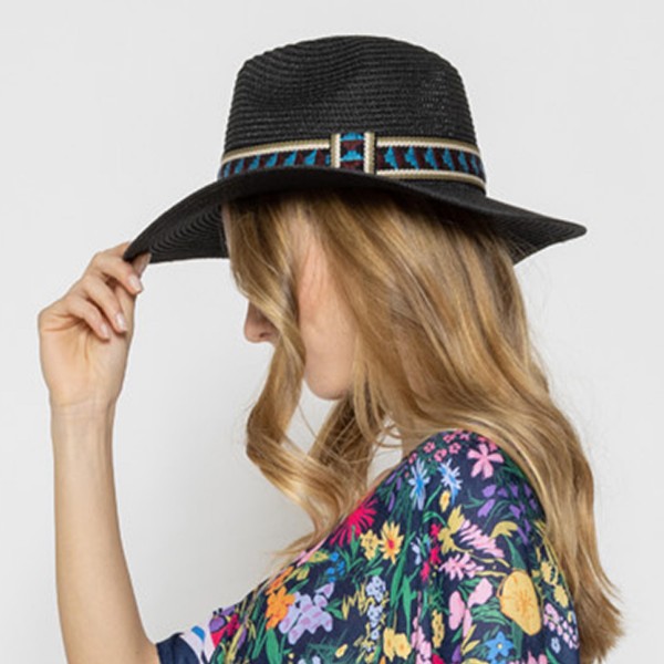 Straw Panama Hat With Aztec Band 

- One Size Fits Most
- Adjustable Drawstring
- Hat Brim Approximately 3.5" W
- 100% Paper Straw