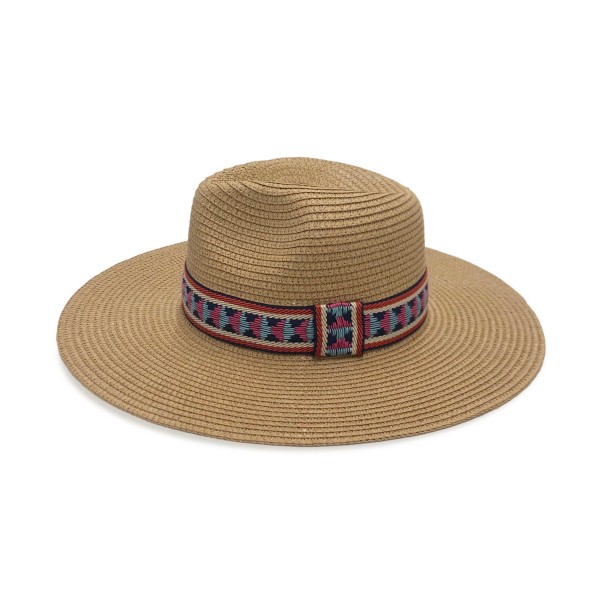 Straw Panama Hat With Aztec Band - One Size Fits Most - Adjustable Drawstring - Hat Brim Approximately 3.5" W - 100% Paper Straw view 5