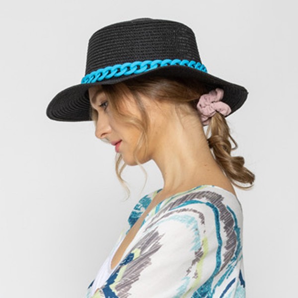 Straw Panama Hat With Coated Chain Link Trim

- One Size Fits Most
- Adjustable Drawstring Inside Hat
- 100% Paper Straw
- Hat Brim Approximately 4.5" W
- Black With Blue Rubber Coated Chain

