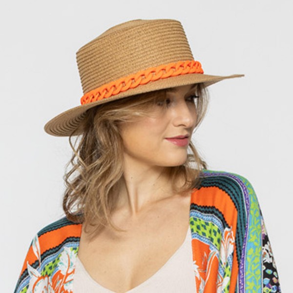 Straw Panama Hat With Coated Chain Link Trim

- One Size Fits Most
- Adjustable Drawstring Inside Hat
- 100% Paper Straw
- Hat Brim Approximately 4.5" W
- Camel Hat With Orange Rubber Coated Chain
