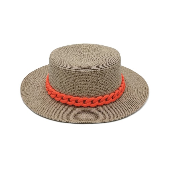 Straw Panama Hat With Coated Chain Link Trim - One Size Fits Most - Adjustable Drawstring Inside Hat - 100% Paper Straw - Hat Brim Approximately 4.5" W - Camel Hat With Orange Rubber Coated Chain view 5