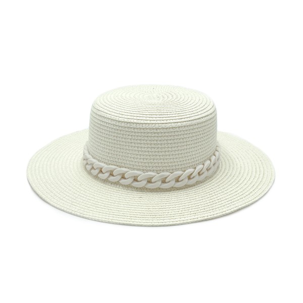 Straw Panama Hat With Coated Chain Link Trim - One Size Fits Most - Adjustable Drawstring Inside Hat - 100% Paper Straw - Hat Brim Approximately 4.5" W - Off White Hat With Off White Rubber Coated Chain view 5