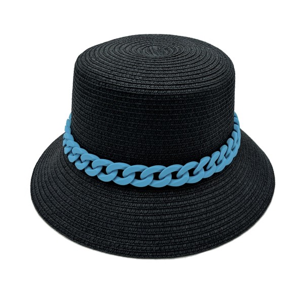 Straw Bucket Hat With Coated Chain Link Trim - One Size Fits Most - Adjustable Drawstring Inside Hat - 100% Paper Straw view 5