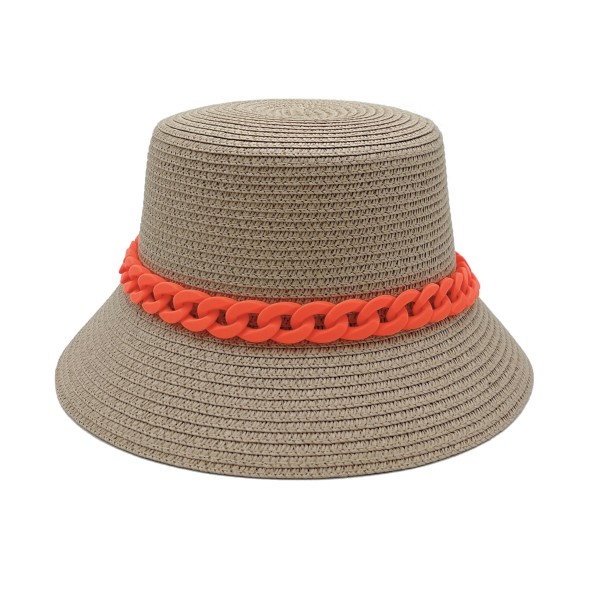 Straw Bucket Hat With Coated Chain Link Trim - One Size Fits Most - Adjustable Drawstring Inside Hat - 100% Paper Straw view 5