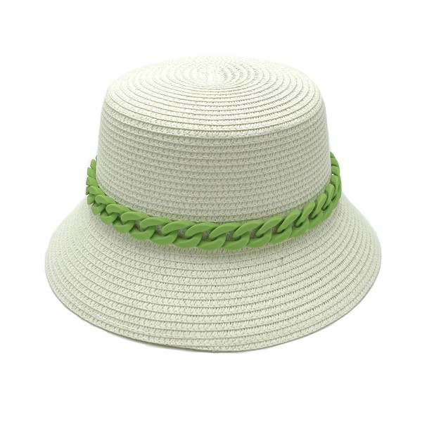 Straw Bucket Hat With Coated Chain Link Trim

- One Size Fits Most
- Adjustable Drawstring Inside Hat
- 100% Paper Straw