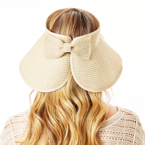 "Bride" Straw Roll Up Sun Visor Featuring Bow On Back - One size fits most - Adjustable Velcro Closure - Brim Width: 5" - 60% Paper / 40% Nylon view 5
