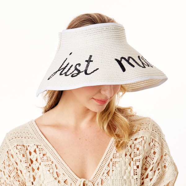 "Just Married" Straw Roll Up Sun Visor Featuring Bow On Back

- One size fits most
- Adjustable Velcro Closure
- Brim Width: 5"
- 60% Paper / 40% Nylon