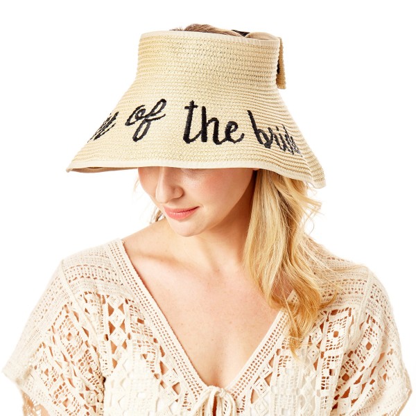 "Mother of the Bride" Straw Roll Up Sun Visor Featuring Bow On Back - One size fits most - Adjustable Velcro Closure - Brim Width: 5" - 60% Paper / 40% Nylon view 5
