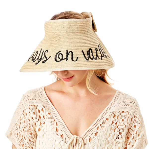 "Always on Vacation" Straw Roll Up Sun Visor Featuring Bow On Back - One size fits most - Adjustable Velcro Closure - Brim Width: 5" - 60% Paper / 40% Nylon view 5