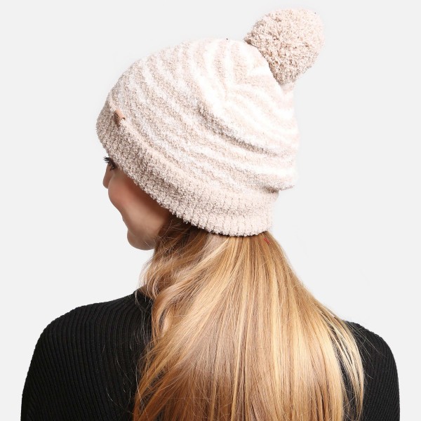 ComfyLuxe Zebra Print Pom Pom Beanie With Lining - One Size Fits Most - 100% Poly Microfiber view 5